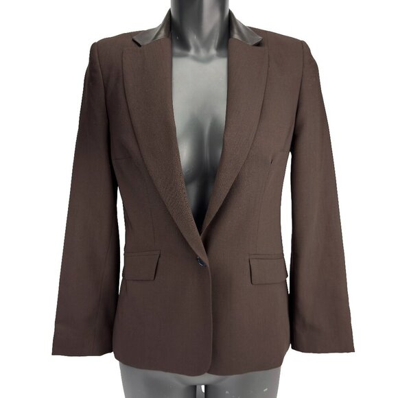 TARA JARMON Brown Wool Academia Leather Collar Chocolate Office Blazer Jacket 38 - Picture 1 of 8